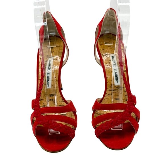 Manolo Blahnick Coral Red Suede Heeled Sandals - Size 8 - Picture 1 of 6